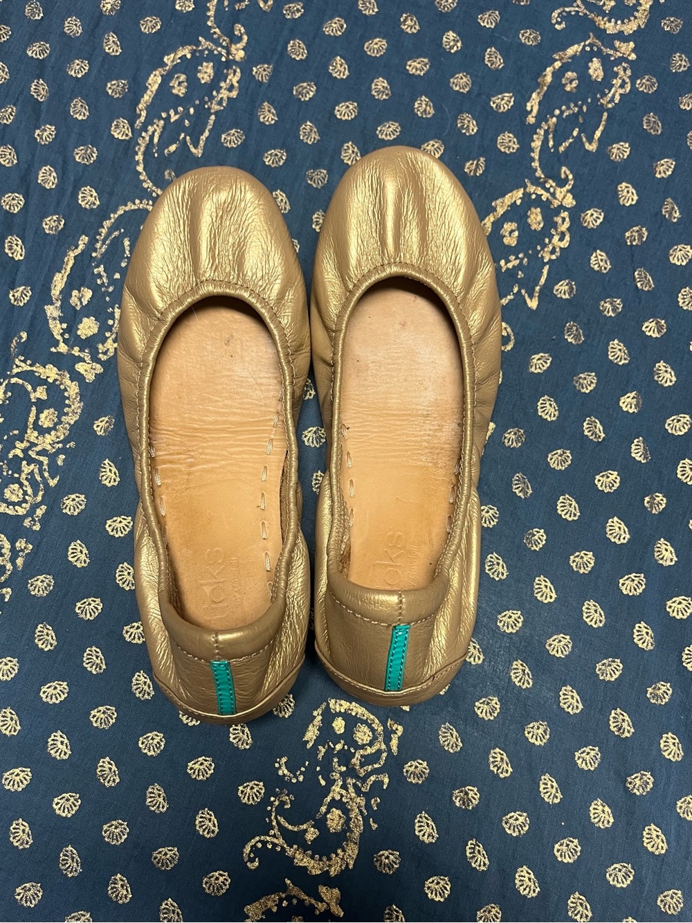 Metallic Gold Leather Ballet Flats with Teal Heel Tab